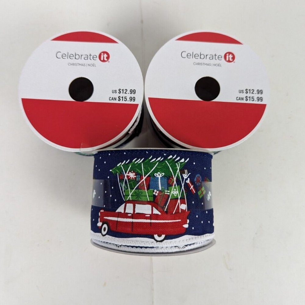 Christmas Tree Presents Car‎ Wired Holiday Ribbon 2 1/2 In 20 Ft Lot of 3